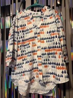 White Button-Up Blouse with Navy & Orange Teardrop Print